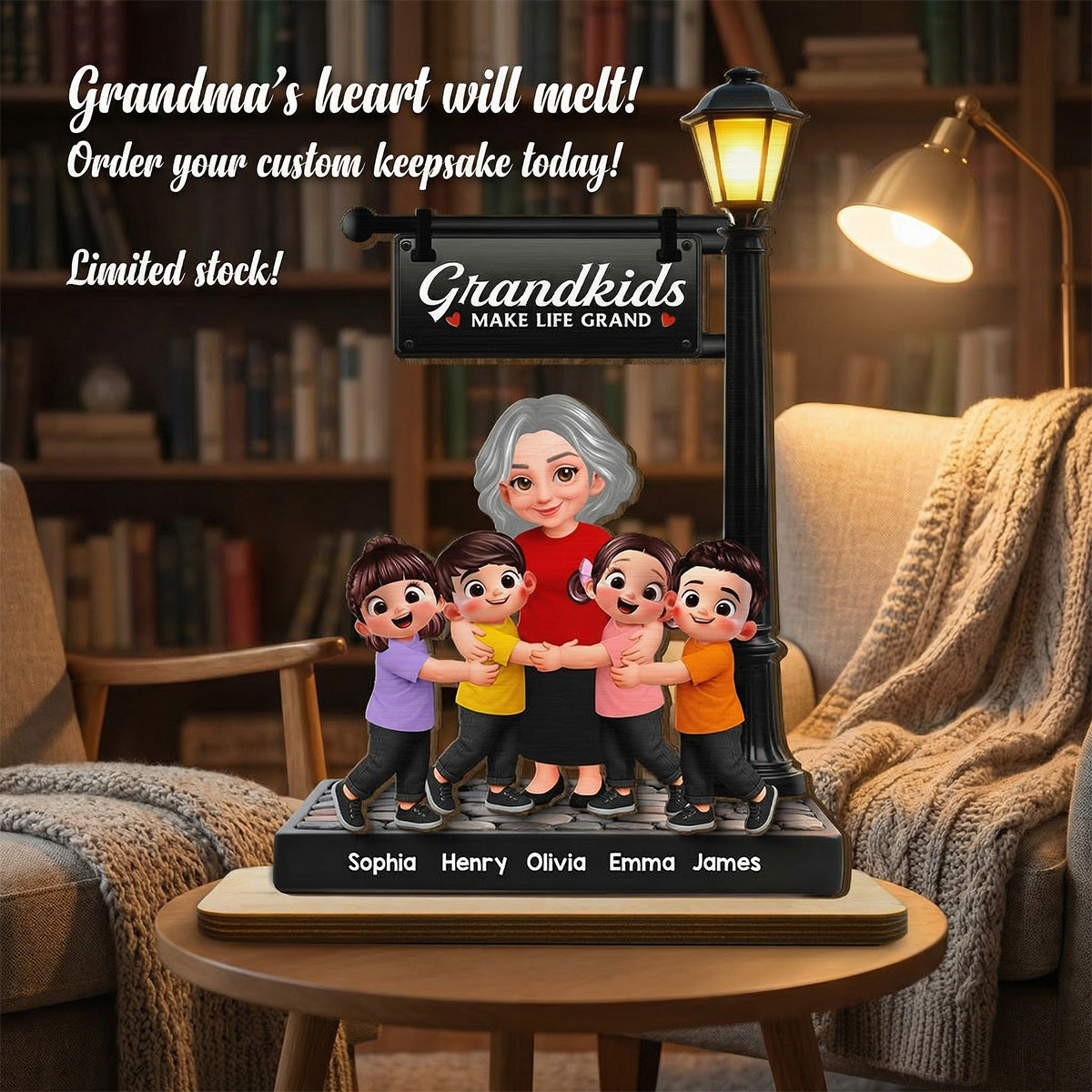 Grandma And Grandkids Happy Together Under Lamp Post - Personalized 2-Layered Wooden Plaque - Gift For Grandma