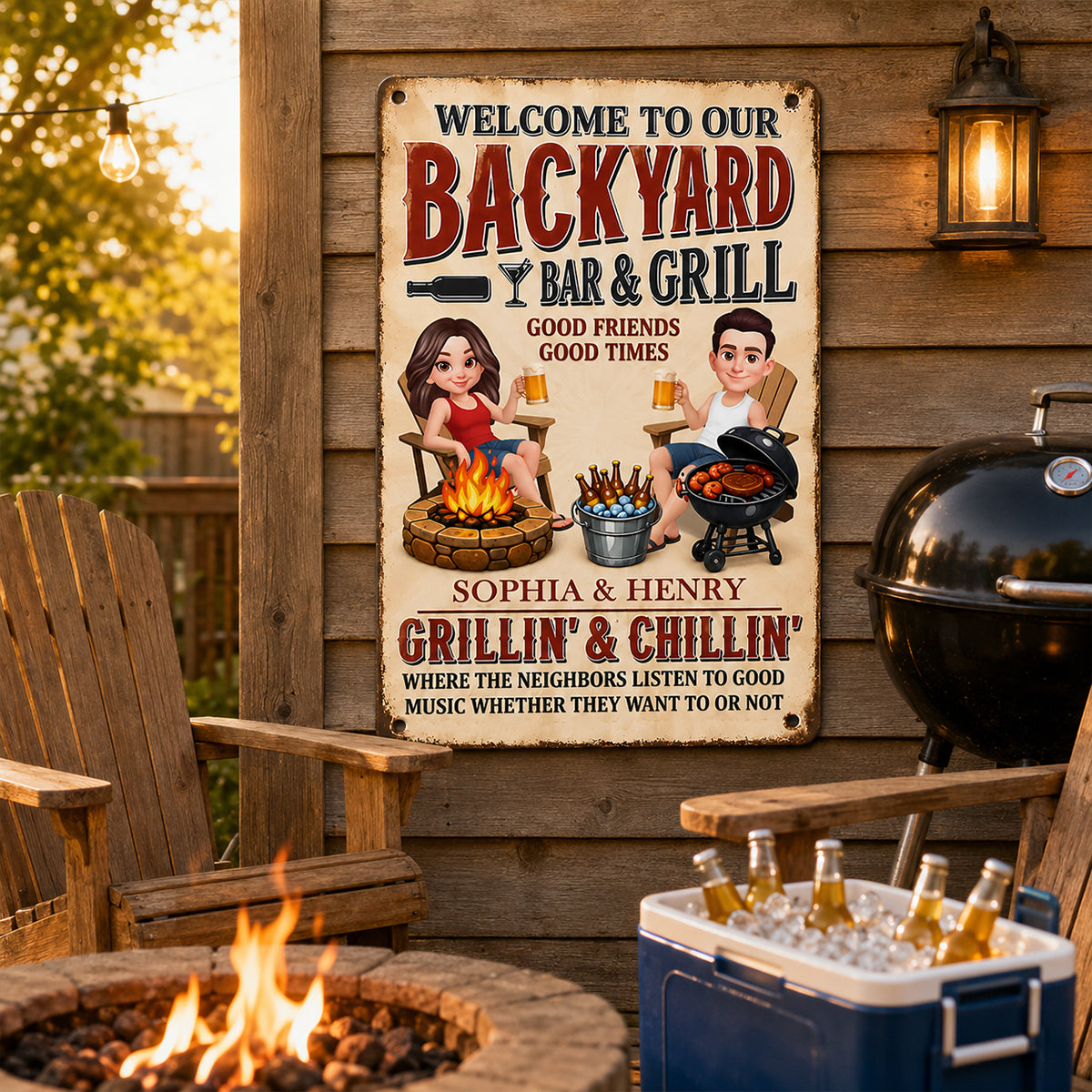 Welcome To Our Backyard Bar & Grill - Personalized Metal Sign - Gift For Couple, Family, Summer Decorations