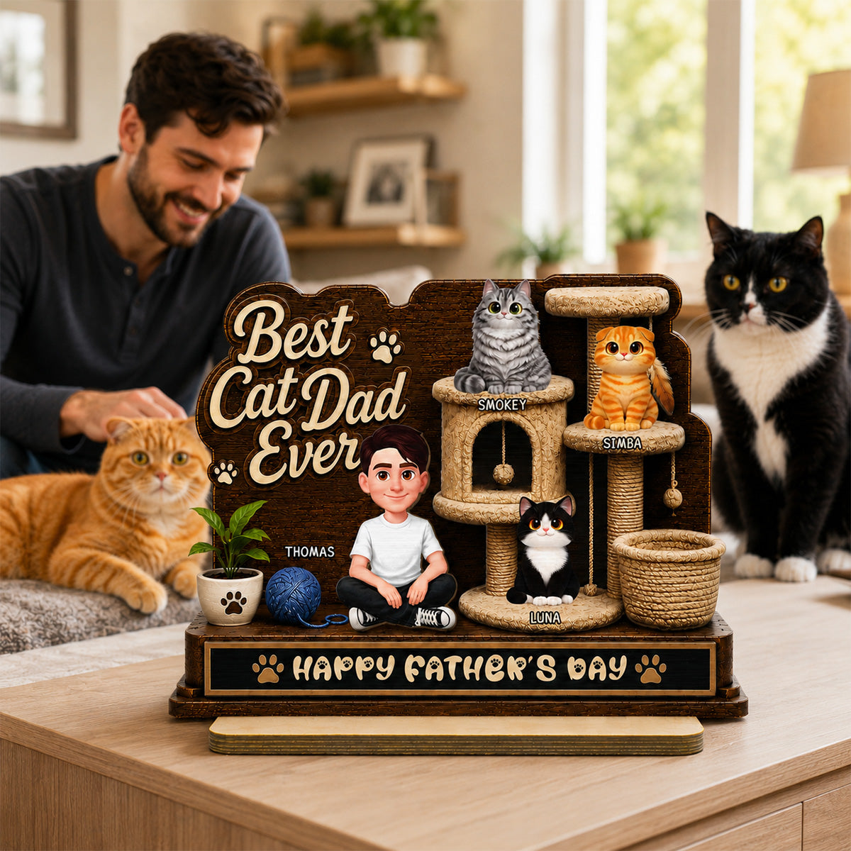 Best Cat Dad Ever Man Sitting Cute Cats On Cat Tree 2D Flat - Personalized 2-Layered Wooden Plaque -  Gift For Cat Dad