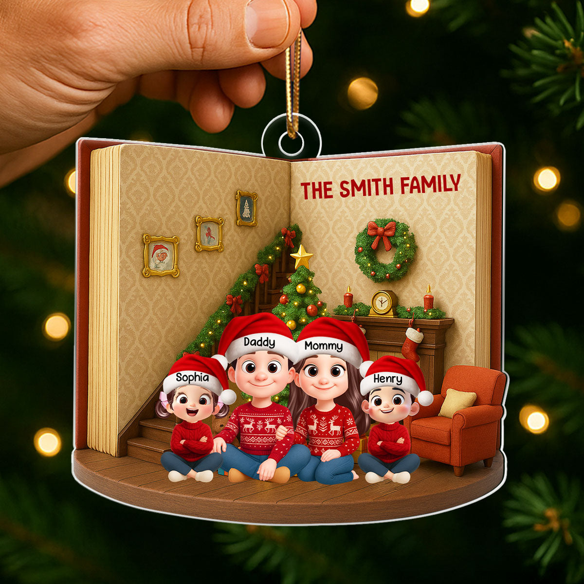 3D Book House Cozy Vibe Family Sitting Together - Personalzied Acrylic Ornament - Christmas Gift for Family