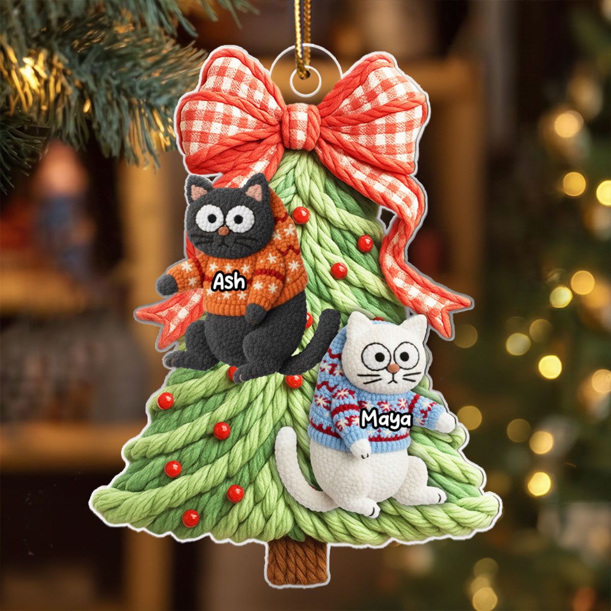Cat Hanging on Christmas Tree Latch Hook Yarn Faux - Personalized Acrylic Ornament - Christmas Gift for Cat Lovers