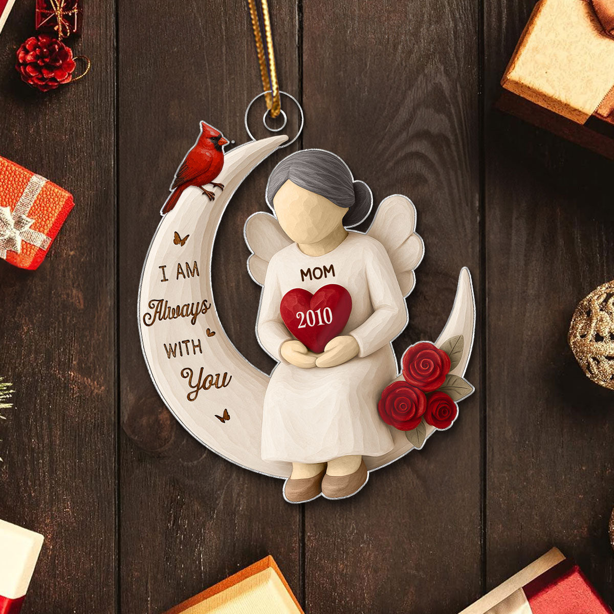 3D Effect Roses Wooden Texture Memorial On Moon - Personalized Acrylic Ornament - Christmas Remembrance Gift, Sympathy Gift