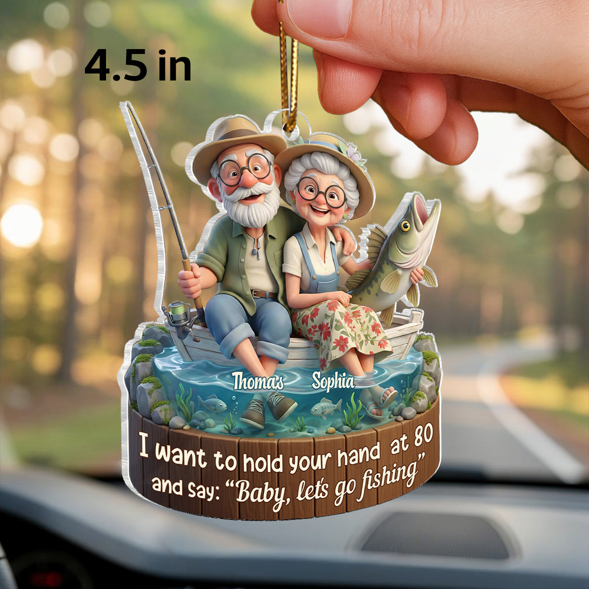 Baby Let's Go Fishing Old Couple - Personalized Acrylic Car Hanger - Sentimental Gift for him, for her