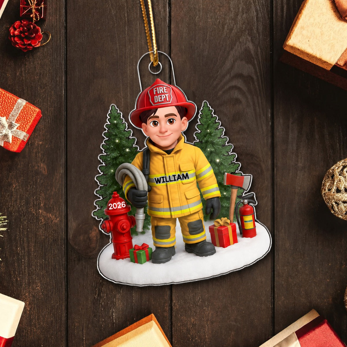 3D Effect Proud Firefighter With Signature Symbols Christmas - Personalized Acrylic Ornament