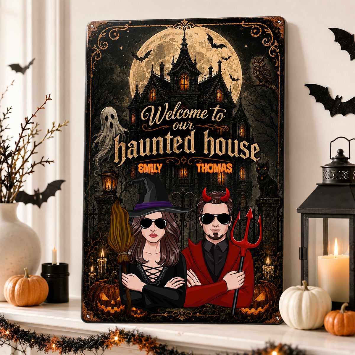 Welcome to Our Haunted House - Personalized Metal Sign - Halloween Decor for Couples