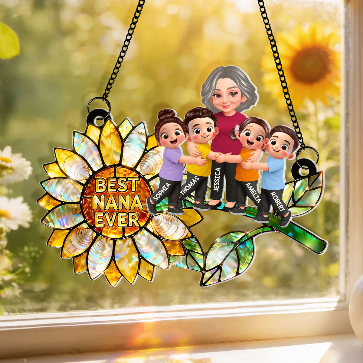 Sunflower Grandma Hugging Grandkids - Personalized Window Hanging Suncatcher - Mother's Day Gift for Mom, Wife