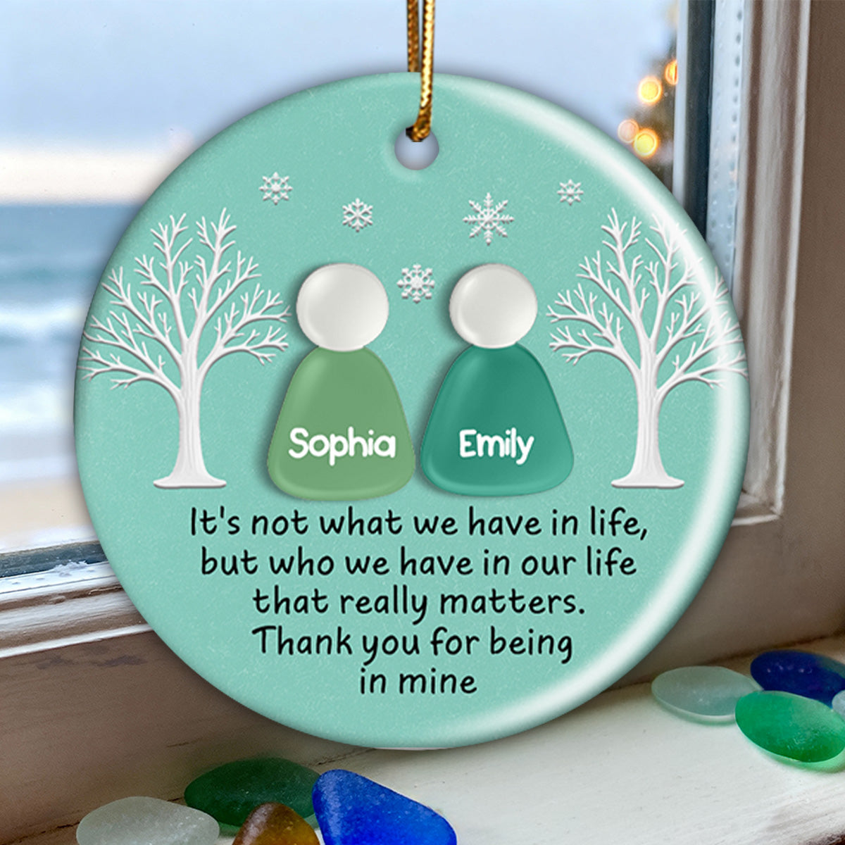 3D Teal Sea Glass Effect Christmas Besties Forever - Personalized Ceramic Ornament With Acrylic Pieces
