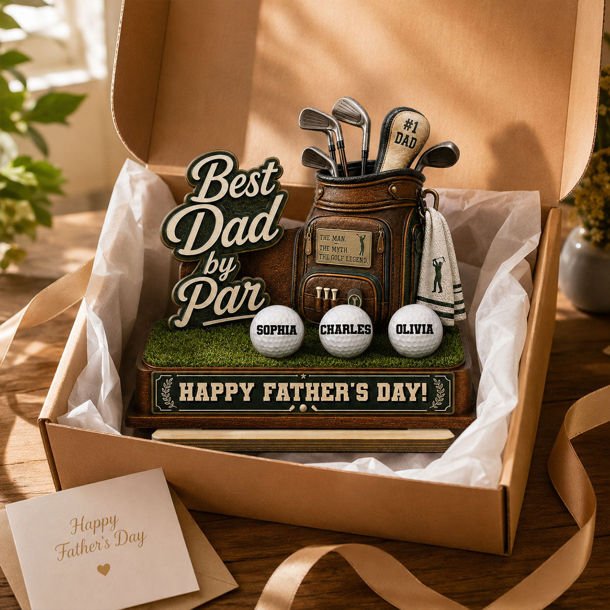 Best Dad By Par Custom Kid Name - Personalized 2-Layered Wooden Plaque -  Gift For Golf Dad