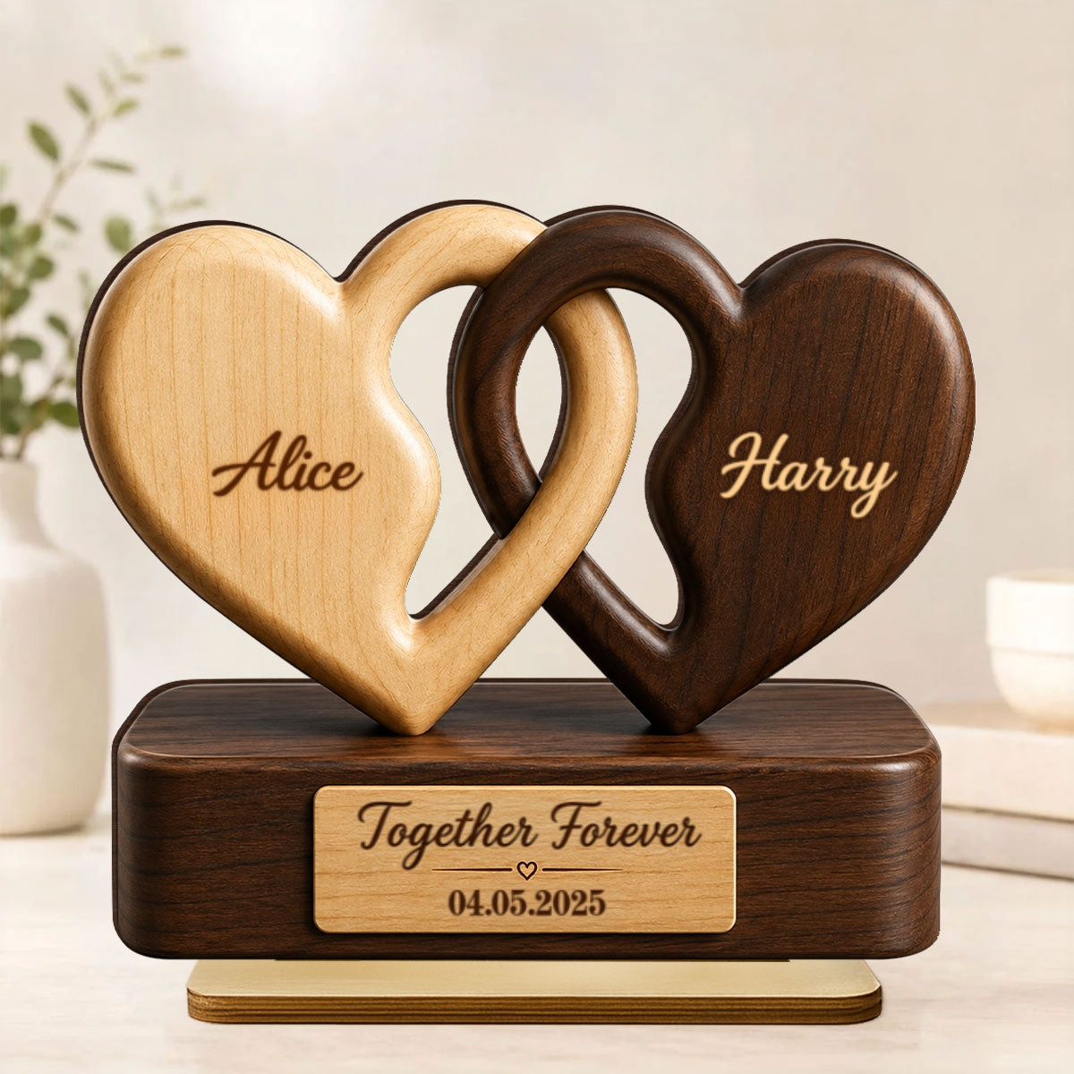 Interlocking Hearts Romantic Couple Anniversary - Personalized 2-Layered Wooden Plaque - Anniversary Gift, Gift For Couple