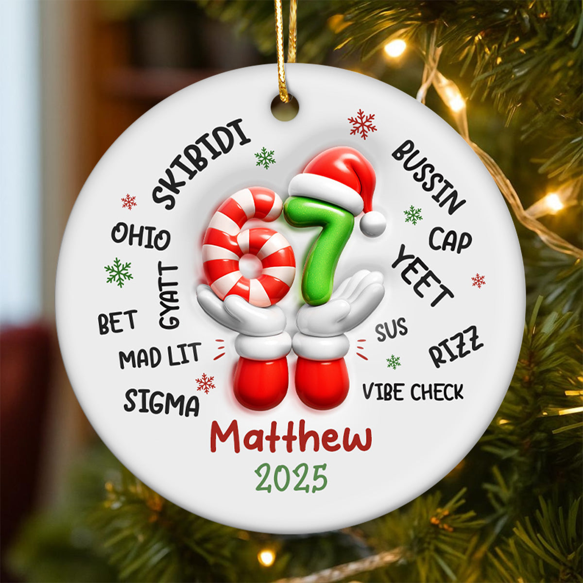 Custom Name Kid Slang Six Seven 3D Effect - Personalized Ceramic Ornament - 2025 Slang, Funny Teen Grandkid, Gen Alpha Christmas Gift