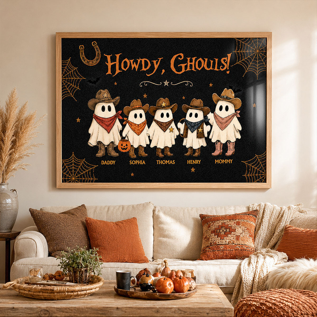 Halloween Family Portrait Cowboy Ghost Family - Personalized Poster - Western Country Vibe Halloween Decor For Families
