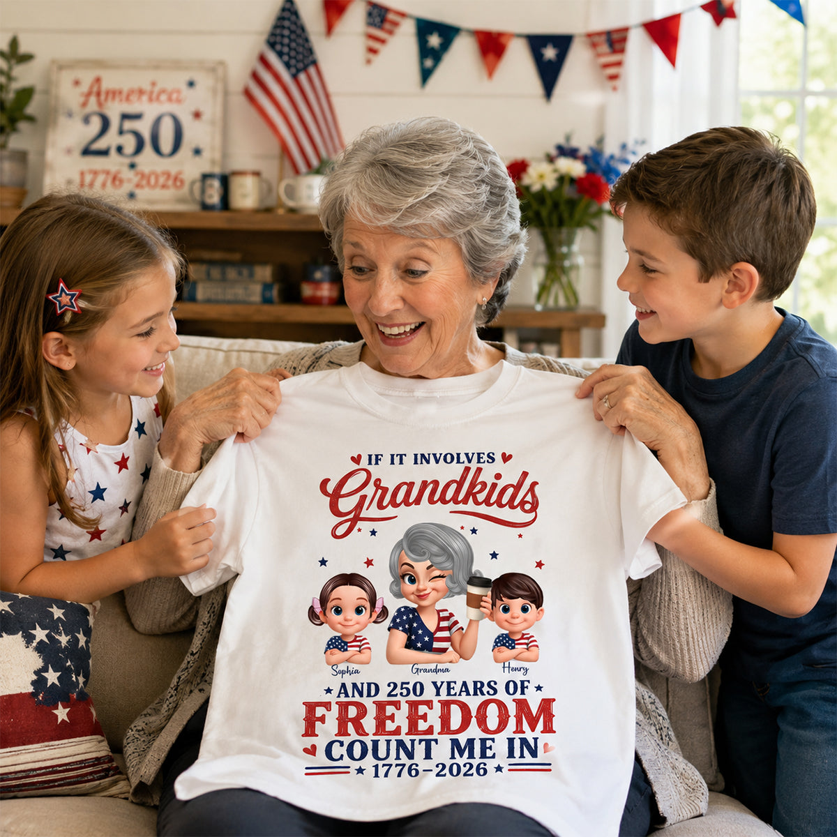 If It Involves Grandkids and 250 Years of Freedom, Count Me in - Personalized Shirt - Patriotic Gift for Grandma