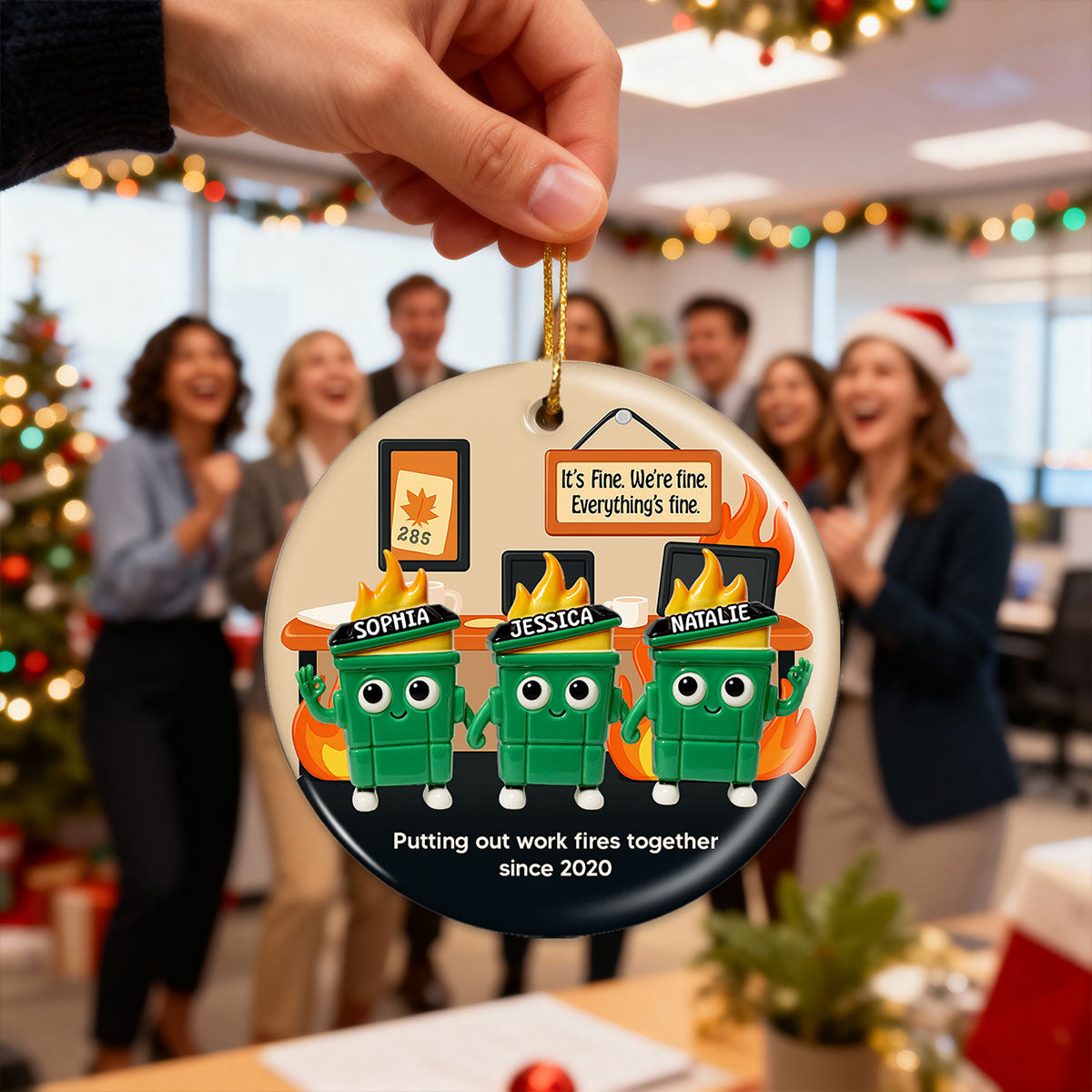 3D Effect Dumpster Fires In Office Scene - Personalized Ceramic Ornament - Funny Gift For Colleagues, Work Besties