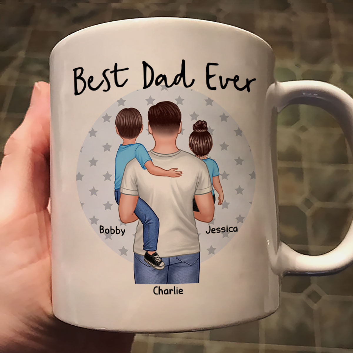 Dad Holding Kids Star Circle Personalized Mug