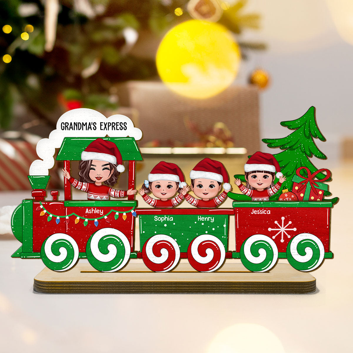 Cute Kids On Christmas Train Personalized 2-Layer Standing Wooden Plaque