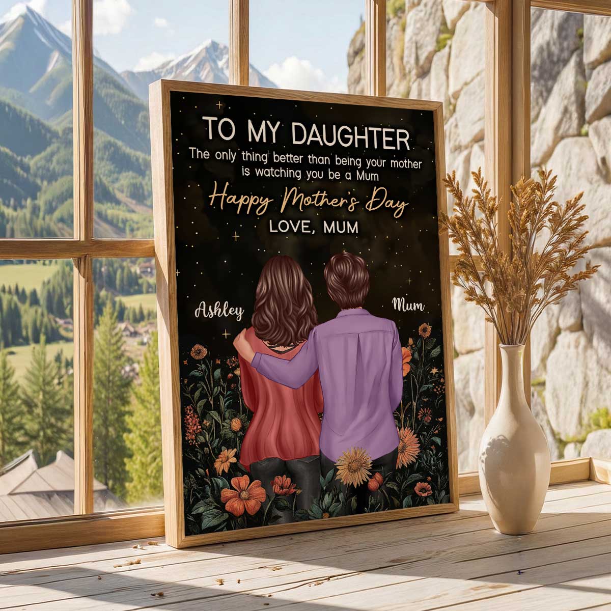 To My Daughter From Mum Happy Mother's Day Golden Vintage Floral - Personalised Poster - Mother's Day