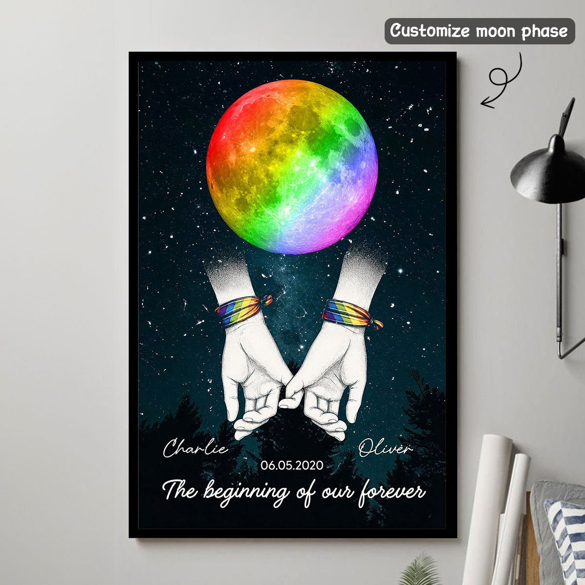 LGBT+ Couple Custom Anniversary Date Moon Phase - Personalized Poster - Gift For Couple, Happy Pride Month