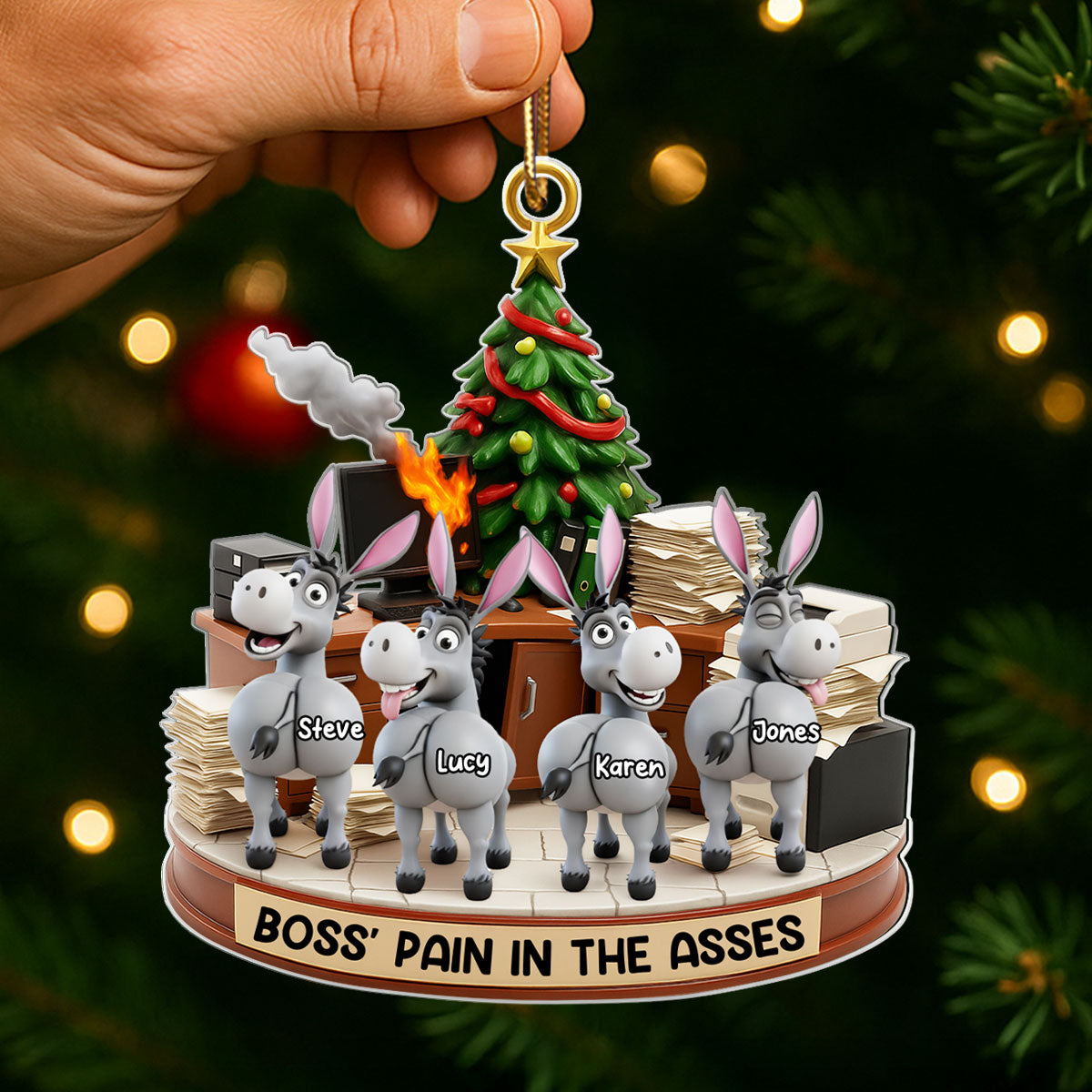 Funny Boss Christmas Pain in the Asses, Donkey Office Decoration - Personalized Acrylic Ornament - Custom Employee Gift Exchange, White Elephant Gift