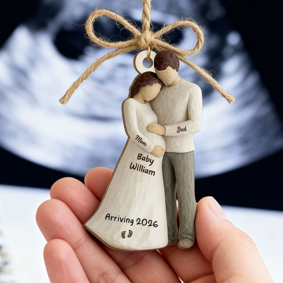3D Effect Baby Arriving - Personalized Wooden Ornament - Couple Expecting, Pregnancy Keepsake