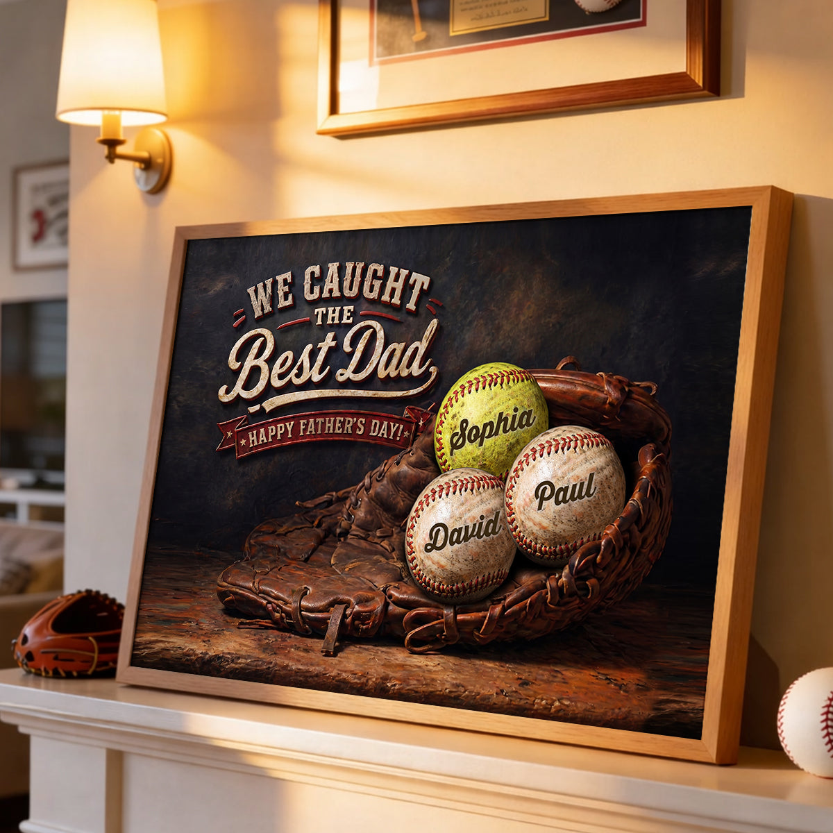 Vintage Baseball We Caught the Best Dad - Personalized Poster - Father's Day Gift for Husband, Dad