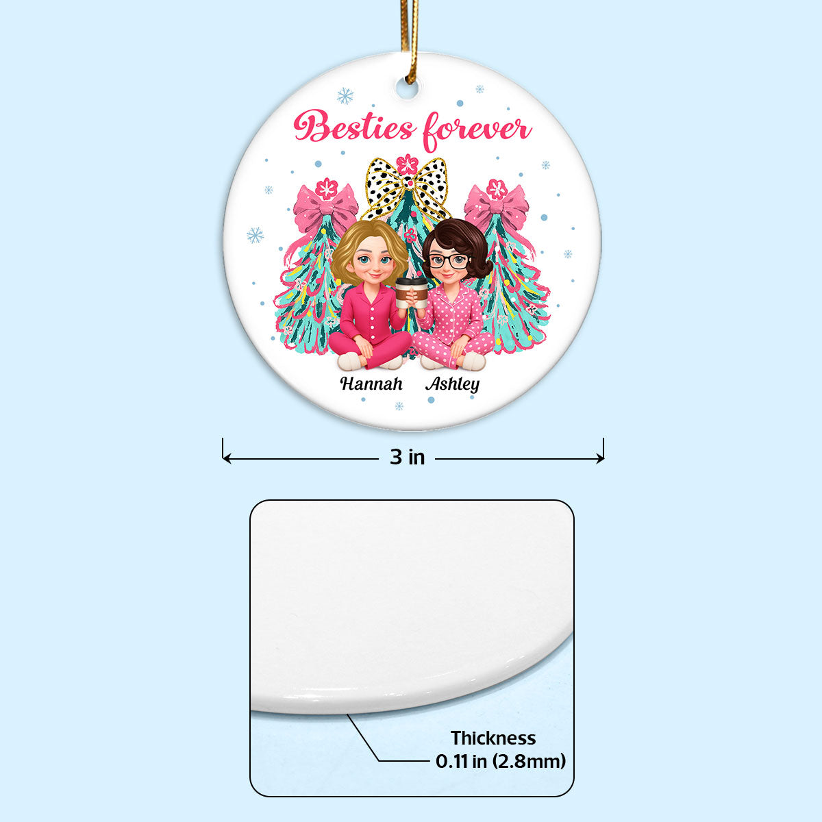 Pink Theme Coquette Christmas Tree Besties Forever - Personalized Ceramic Ornament - Christmas Gift For Best Friends