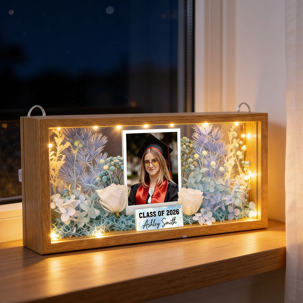 Class Of Year Senior Custom Photo - Personalized DIY Flower Shadow Box LED Night Light - Graduation Gift For Graduates, Daughter