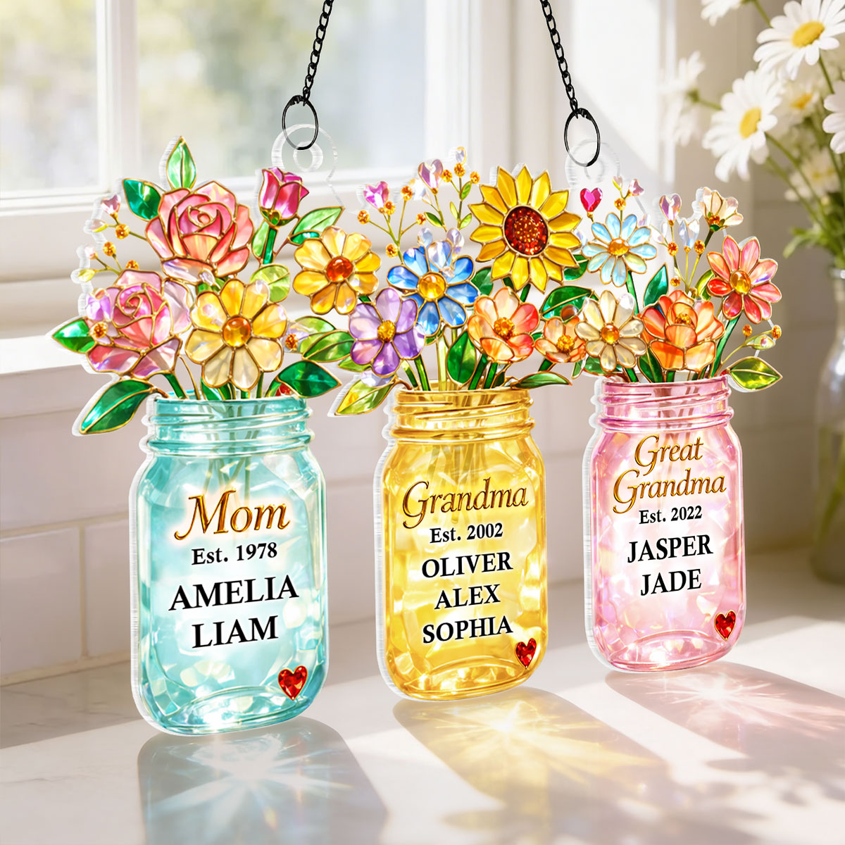 Mom Grandma Greatgrandma Flower - Personalized Suncatcher - Heartfelt Gift for Mom, Grandma