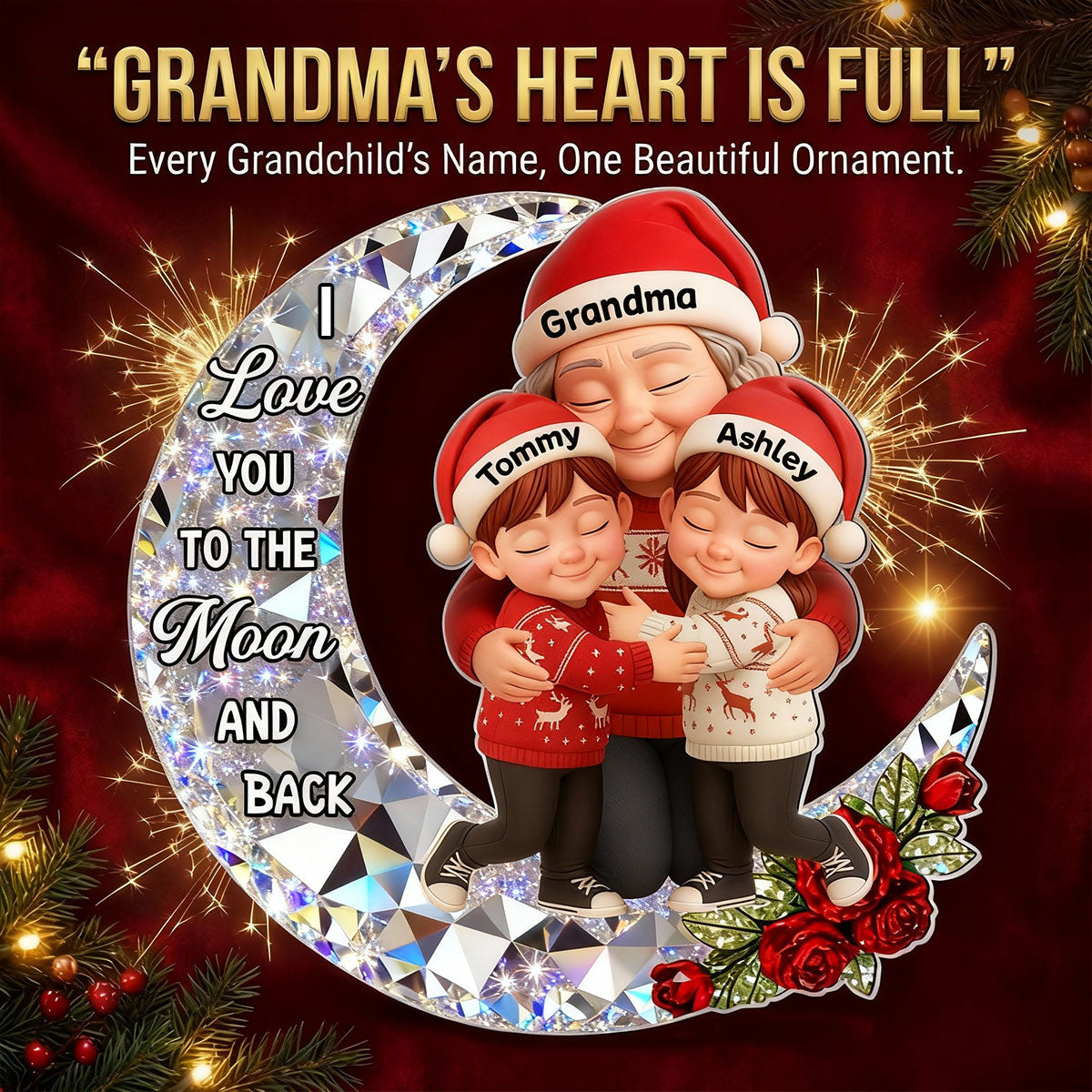 3D Crystal Effect Grandma Grandkid Love to the Moon - Personalized Acrylic Ornament - Christmas Gift for Grandma, Grandkids