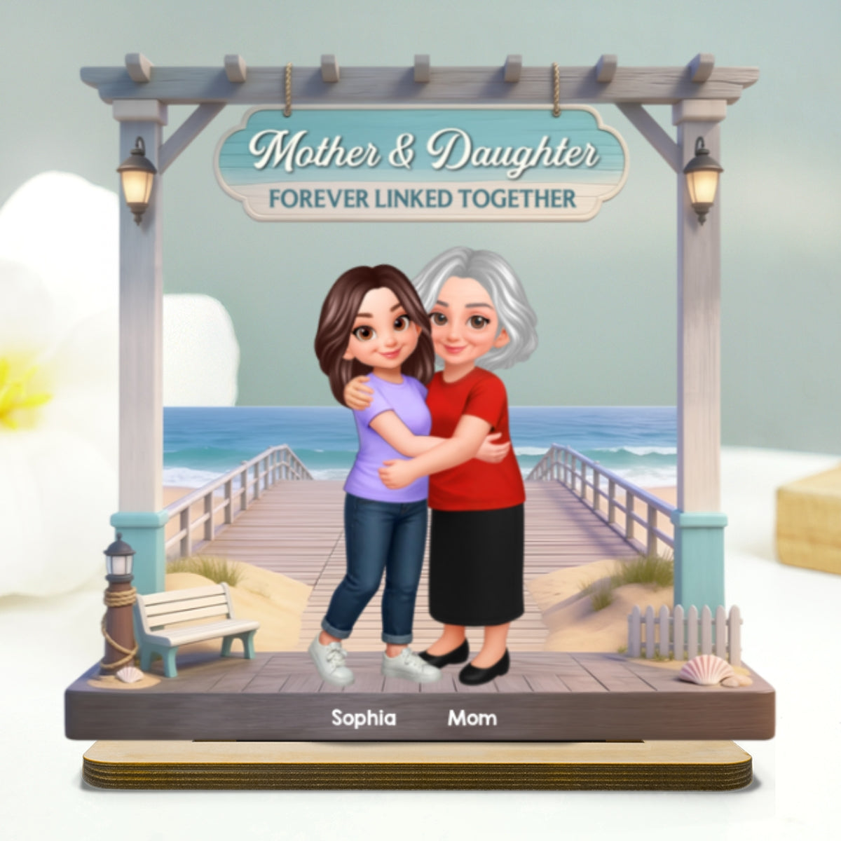 Beautiful Memories At Beach Mom Daughter Son - Personalized 2-Layered Wooden Plaque - Mother's Day Gift For Mom