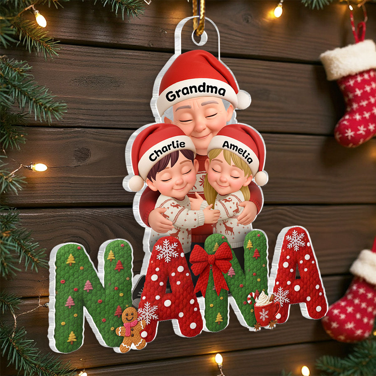 Grandma Hugging Grandkid Latch Hook Yarn Faux - Personalized Acrylic Ornament - Heartfelt Christmas Gift for Grandma, Grandkids