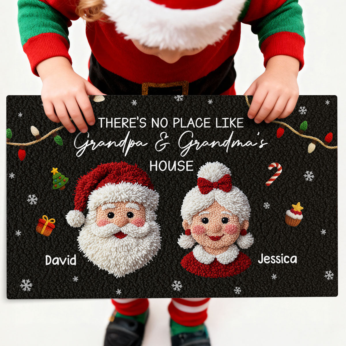 No Place Like Grandma Grandpa Santa Claus - Personalized Doormat - Latch Hook Yarn Faux Christmas Decor, Gift for Grandparents