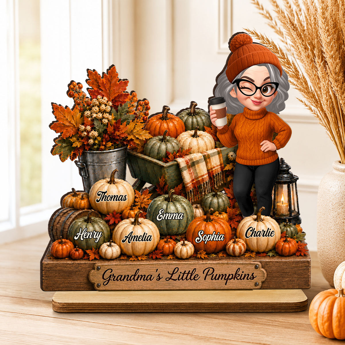 Pumpkin Wheelbarrow Grandma Grandkids - Personalized 2-Layered Wooden Plaque - Fall Season Decor Gift, Gift For Grandma