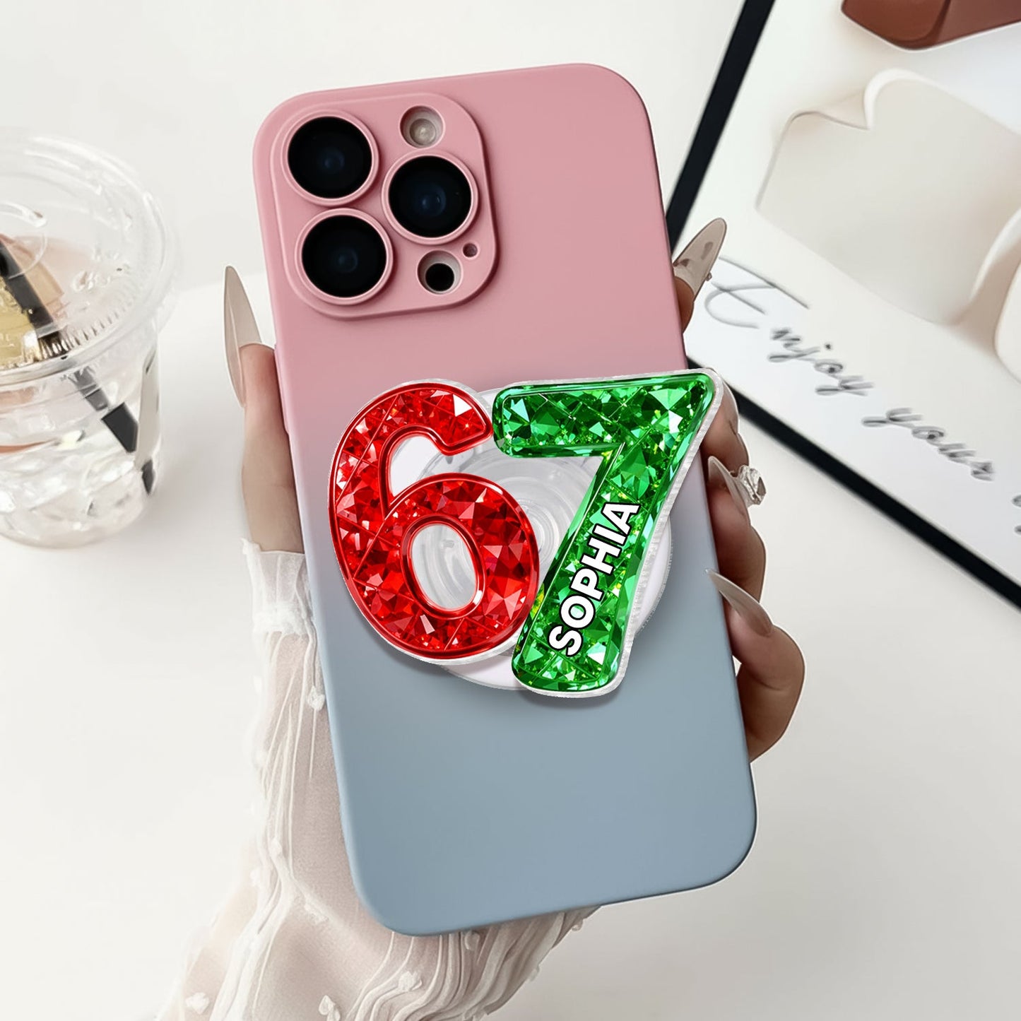 Custom Six Seven 3D Crystal Effect - Personalized Acrylic Magnetic Phone Grip - Teen Slang Funny Tree Decor, Funny Teen Grandkid Gift