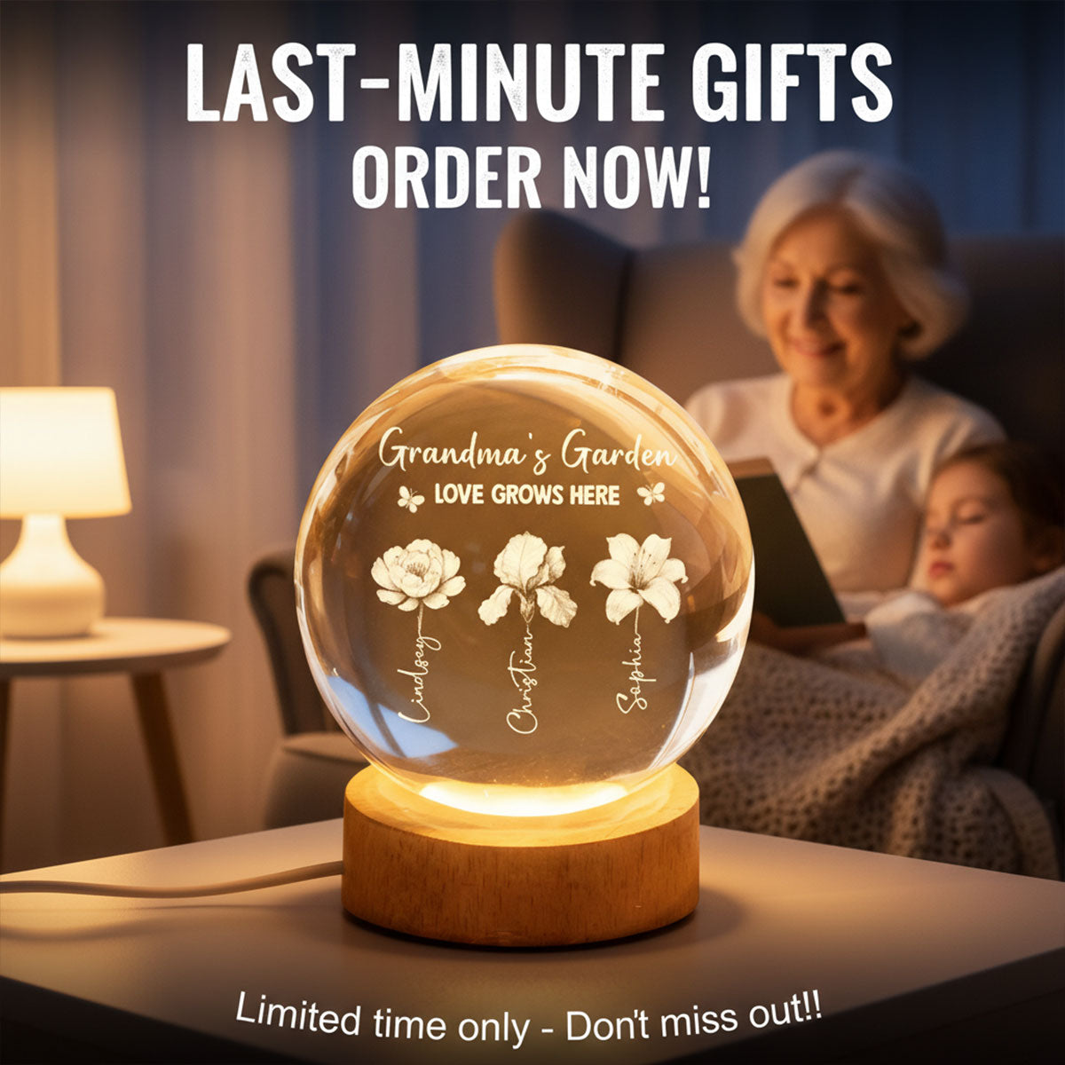 Grandma's Garden 3D Effect Birth Month Flowers - Personalized Crystal Ball LED Night Light