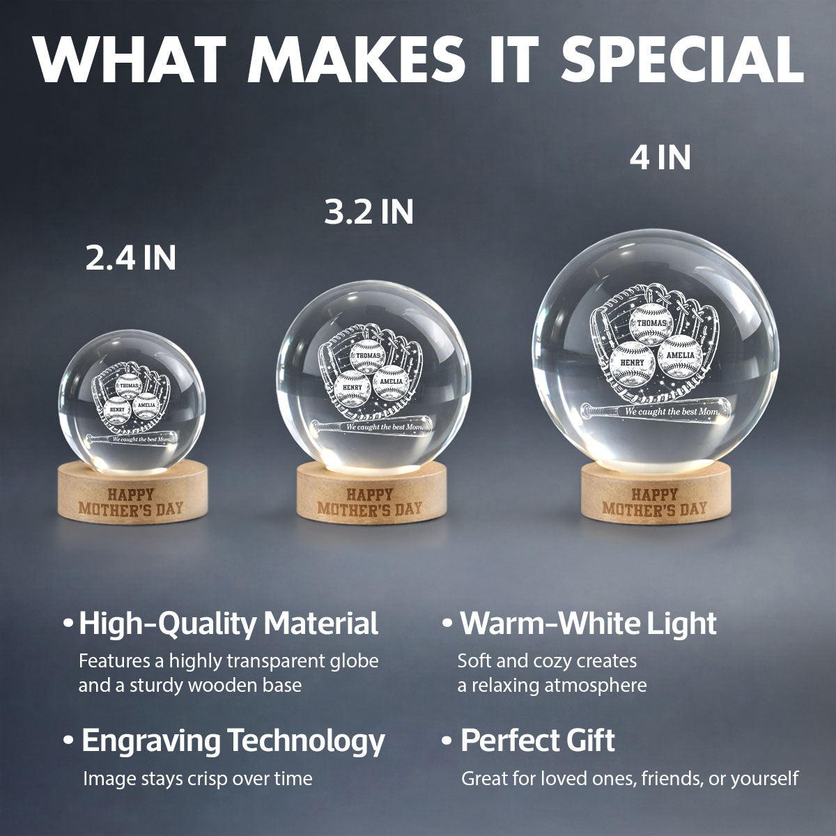 Happy Mother's Day Baseball Mom - Personalized Crystal Ball LED Night Light - Mother's Day Gift for Mom, Wife