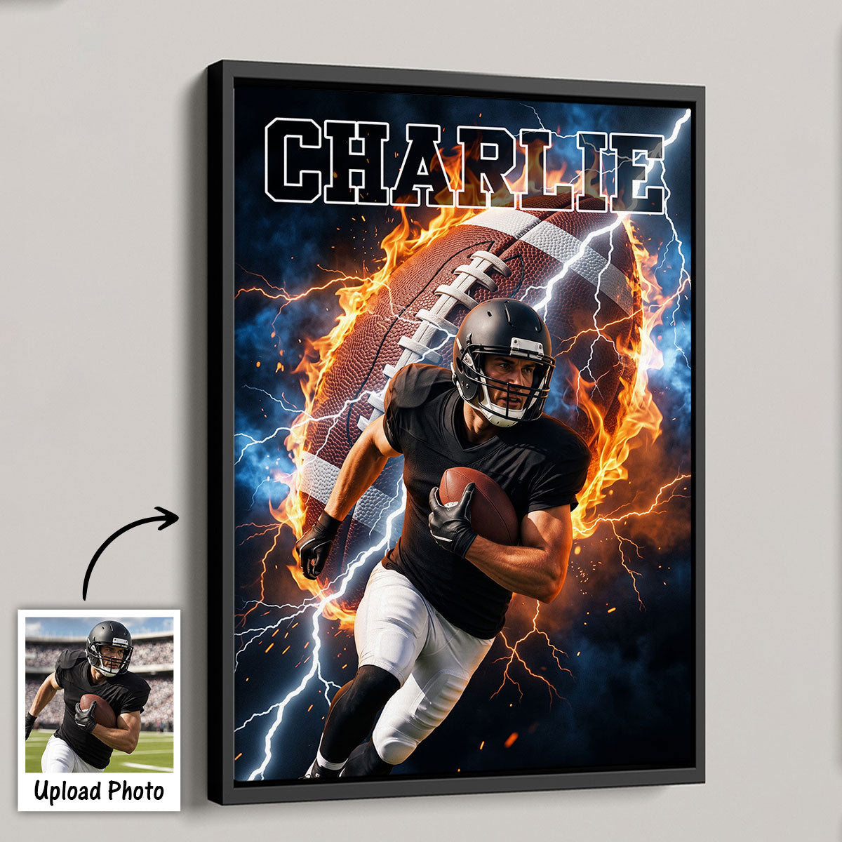 Football On Fire Photo Insert - Personalized Poster - Trending Gift For Boy, Girl