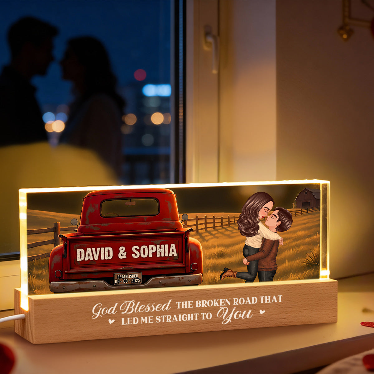Rustic Nostalgia Red Truck Couple Hugging Kissing Farmhouse Decor - Personalized Acrylic Block LED Night Light - Heartfelt Valentine, Anniversary Gift For Him, For Her