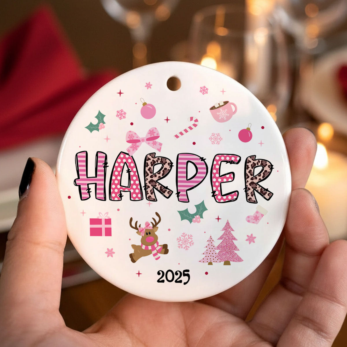 Pink Theme Girls Name Christmas - Personalized Ceramic Ornament - Gift For Daughter, Granddaughter