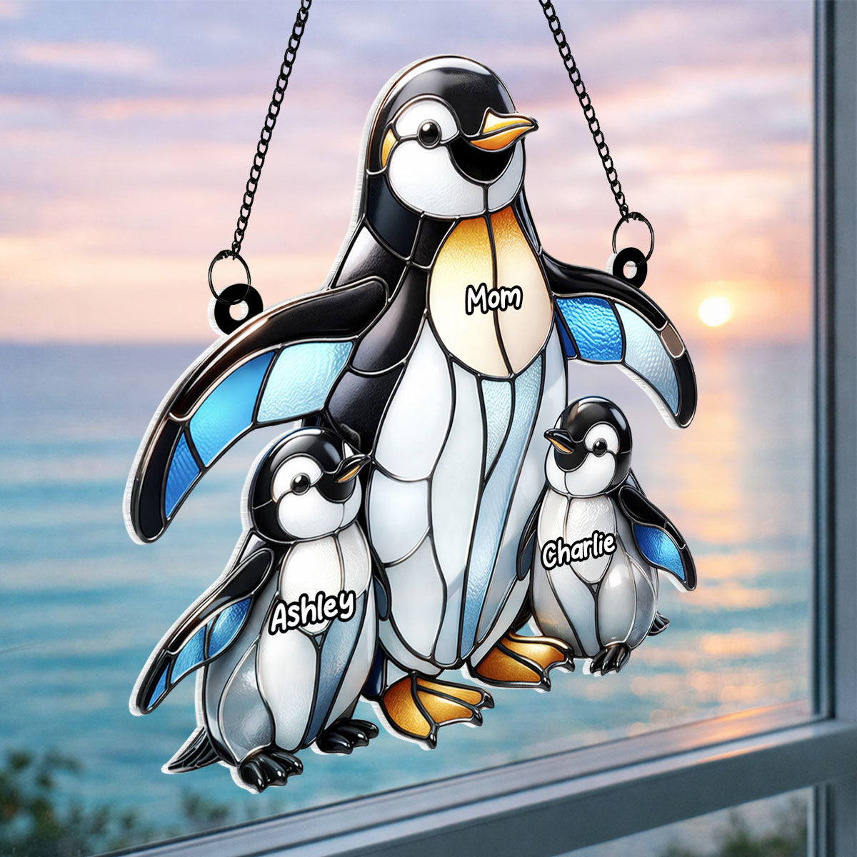 Penguin Mom and Kids - Personalized Acrylic Suncatcher - Mother's Day Gift for Mom, Wife