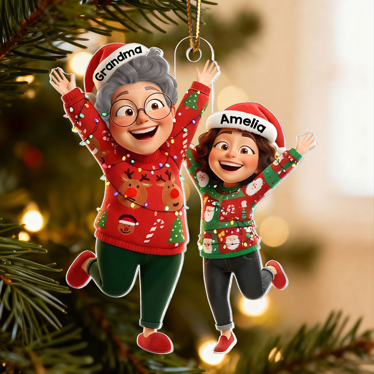 Happy Grandma Grandkid Jumping - Personalized Acrylic Ornament - Christmas Gift for Grandma, Grandkids