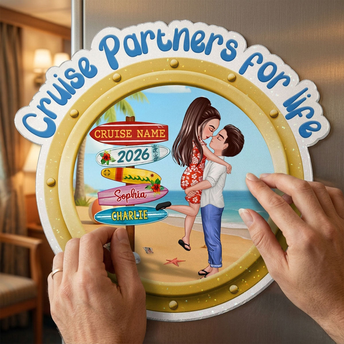 Cruise Partners For Life Porthole Doll Couple Hugging Kissing At Beach - Personalized Cruise Ship Door Magnet