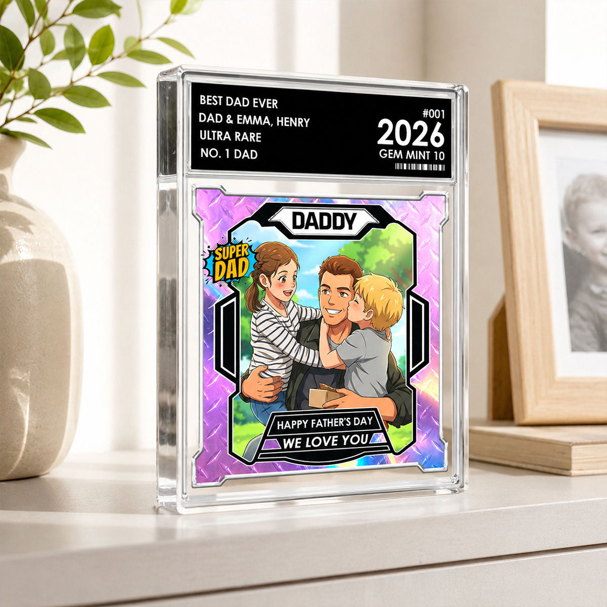 Dad Of The Year Trading Card Cartoon Style - Personalized Acrylic Block Plaque -  Gift For Dad, Husband