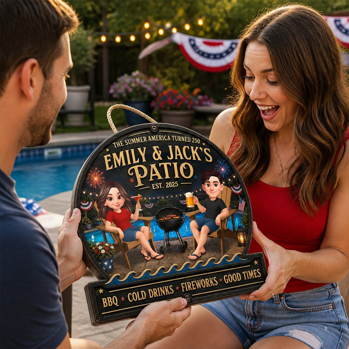 The Summer America Turns 250 Couple Pool & Patio - Personalized Wooden Sign - Summer Decor Gift for Her, for Him