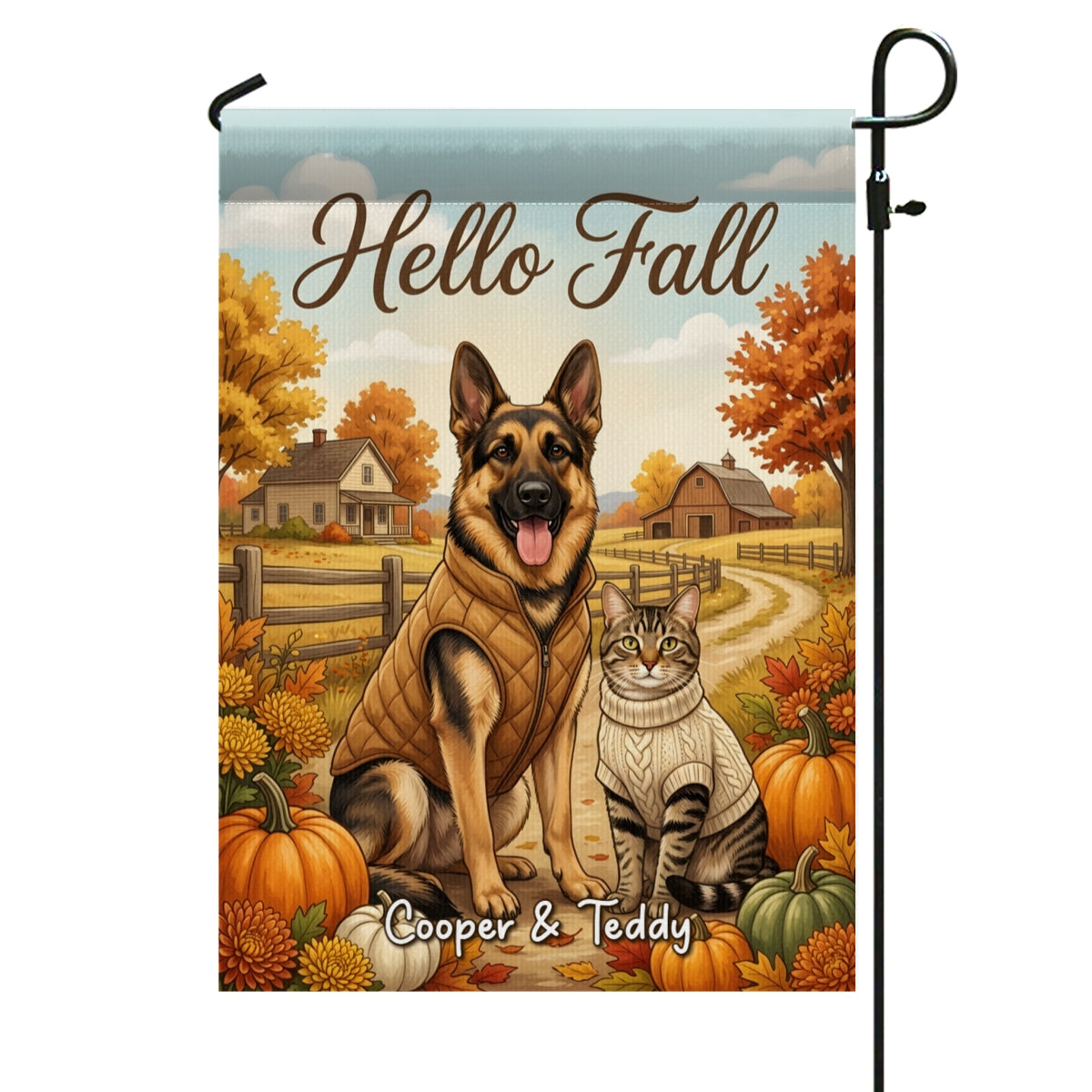 Vintage Dog Cat Hello Fall Photo Upload - Personalized Garden Flag - Fall Season Gift For Dog Mom, Cat Mom