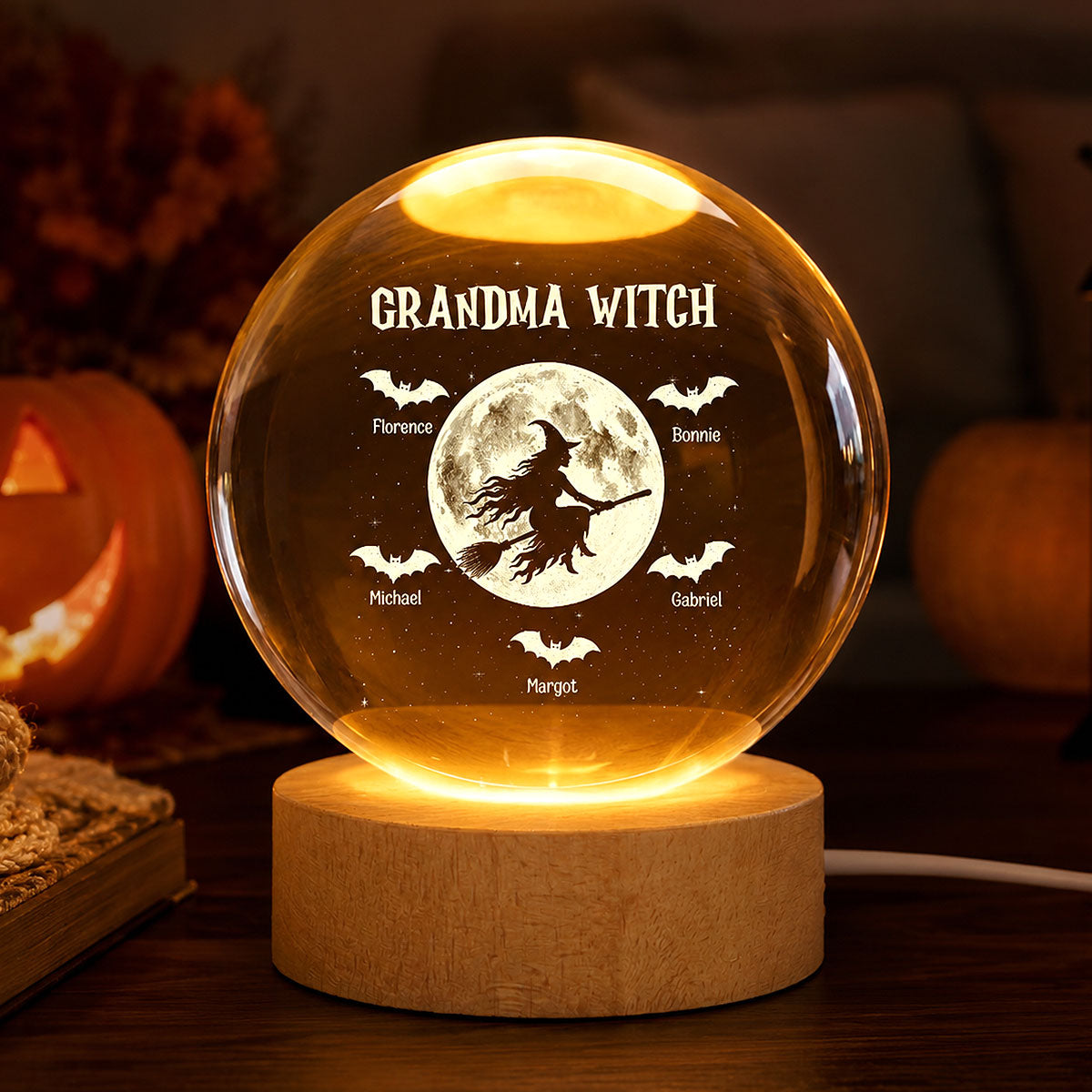 Grandma Witch With Kids Names - Personalized Crystal Ball Night Light - Halloween Gift