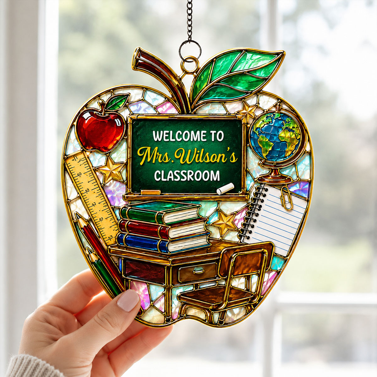 Teacher Apple Welcome to Classroom - Personalized Acrylic Suncatcher - Back to School Gift for Teacher, Classroom Decor