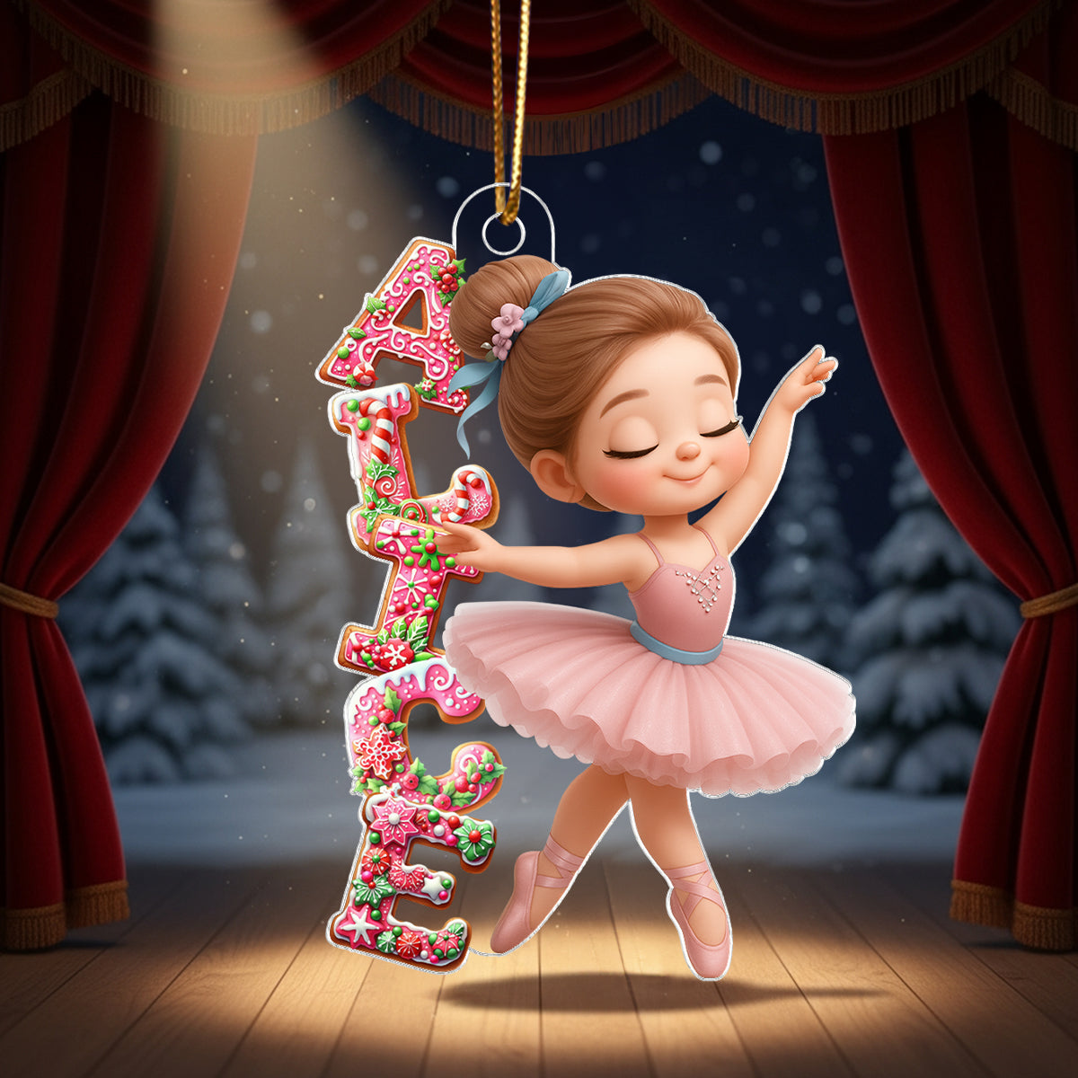 Little Girl Balletina Dance Custom Name Pink Gingerbread Pattern - Personalized Acrylic Ornament - Heartwarming Christmas Gift For Kid