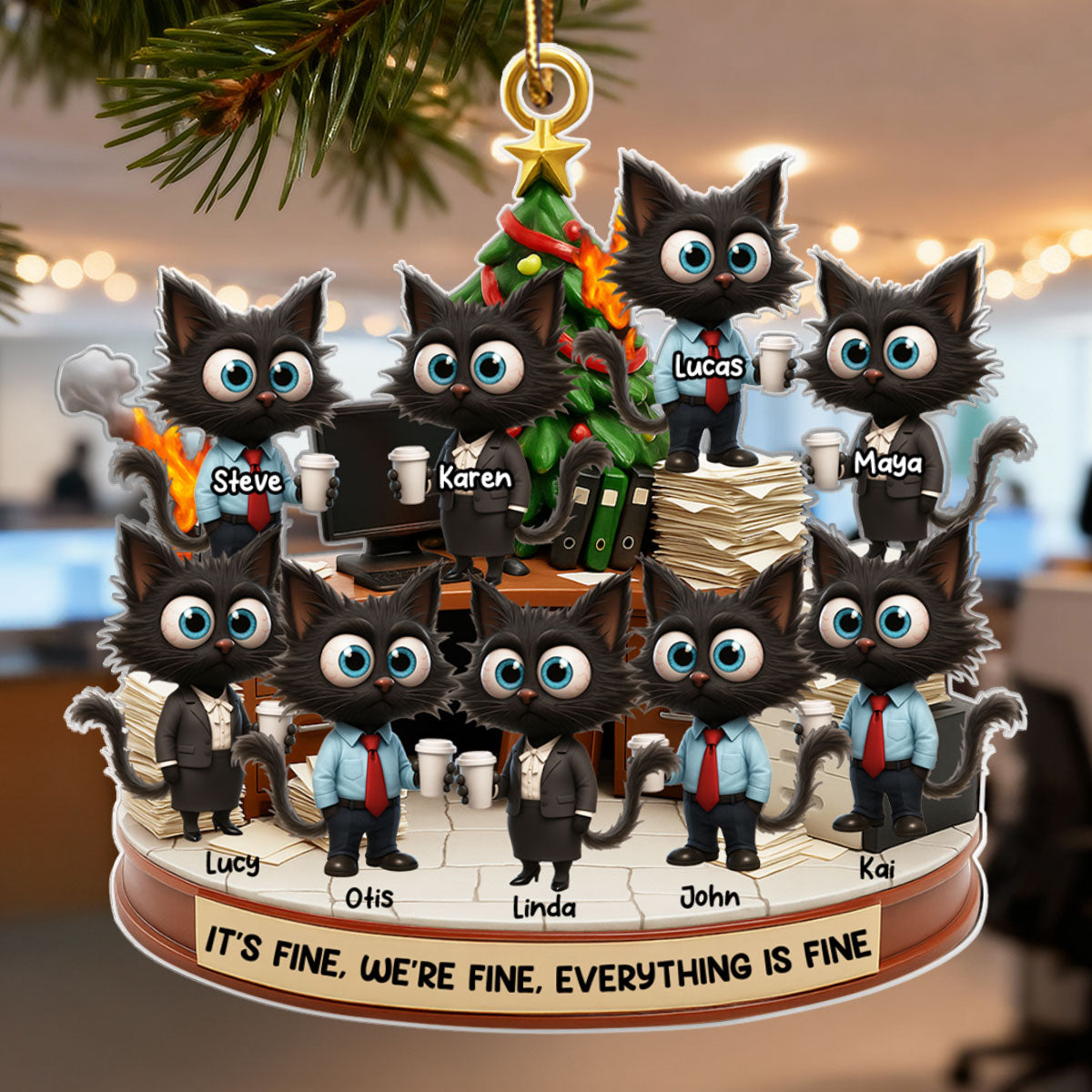 Office Chaos It's Fine We're Fine Funny Cat - Personalized Acrylic Ornament - Christmas Gift for Coworkers, White Elephant, Secret Santa Gift
