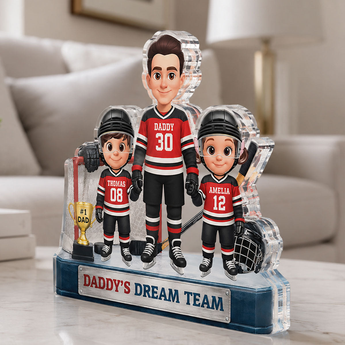 Daddy's Dream Team Hockey Dad & Kids - Personalized Acrylic Block Plaque -  Gift For Dad, Husband