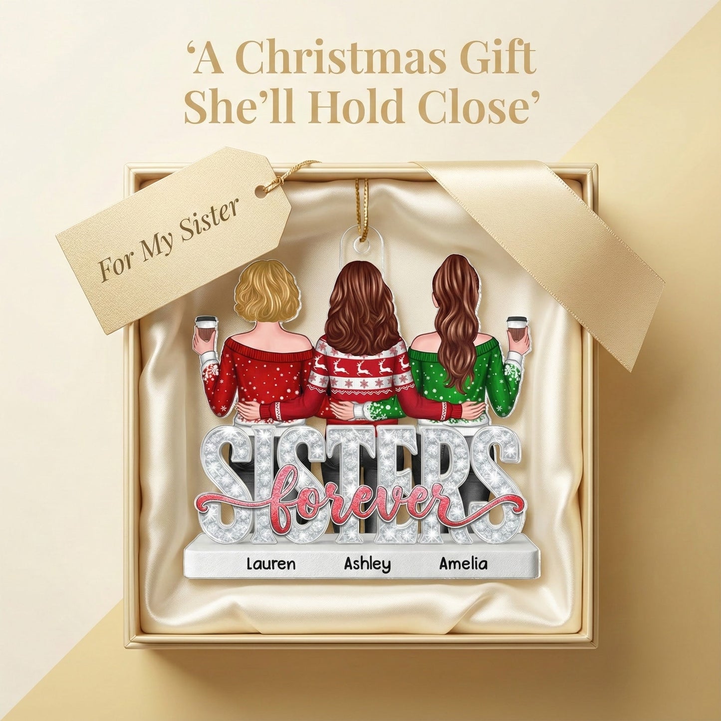 Sisters Forever Pattern Crystal - Personalized Acrylic Ornament - Heartwarming Christmas Gift For Sisters, Besties